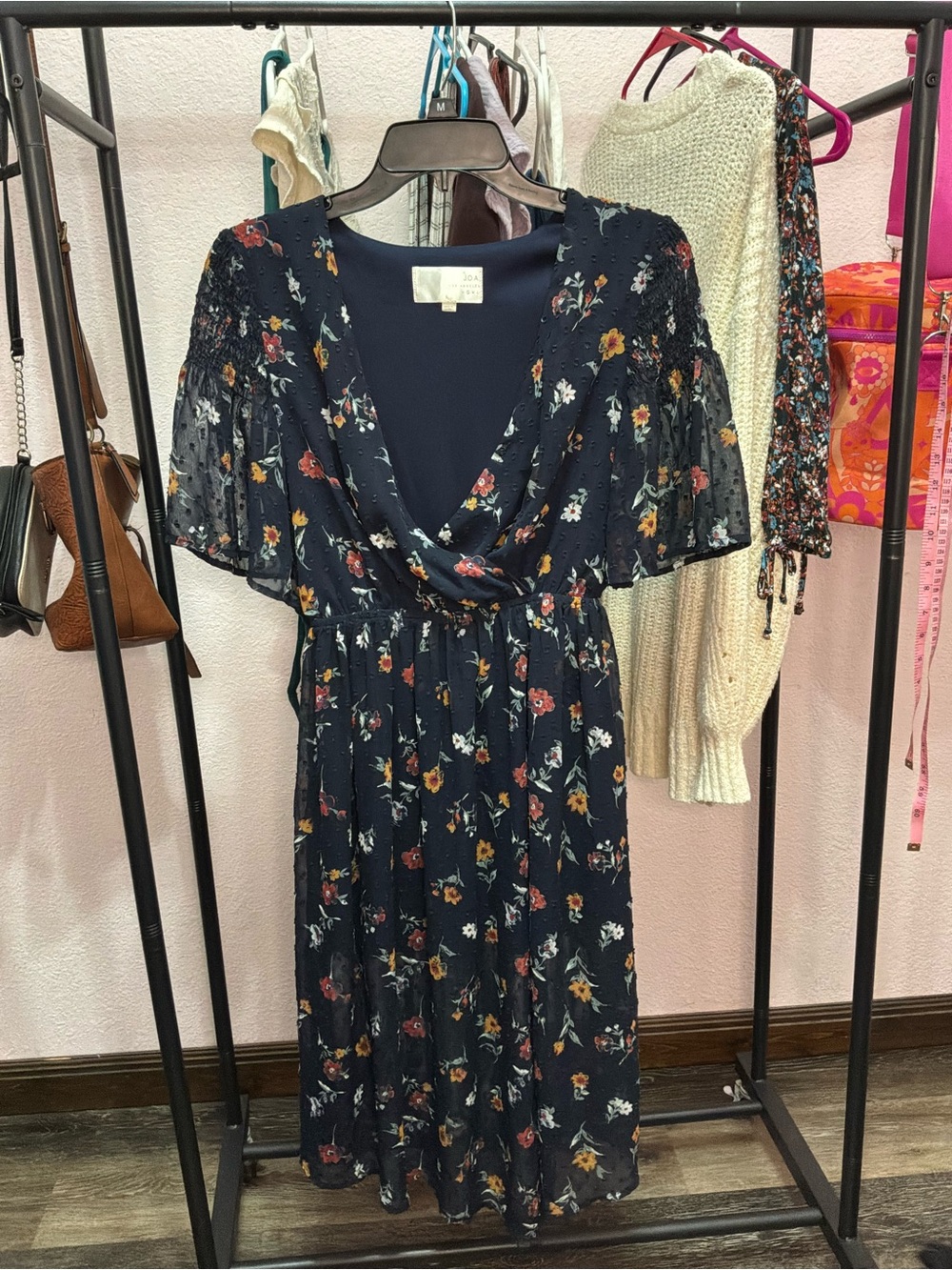 J.O.A. Navy Floral Midi Dress with Flutter Sleeves